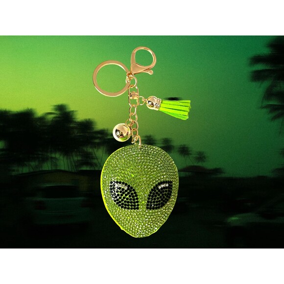 Extraterrestrial Crystal Bejeweled Keychain - Alien Head w Green Tassel - Picture 1 of 6